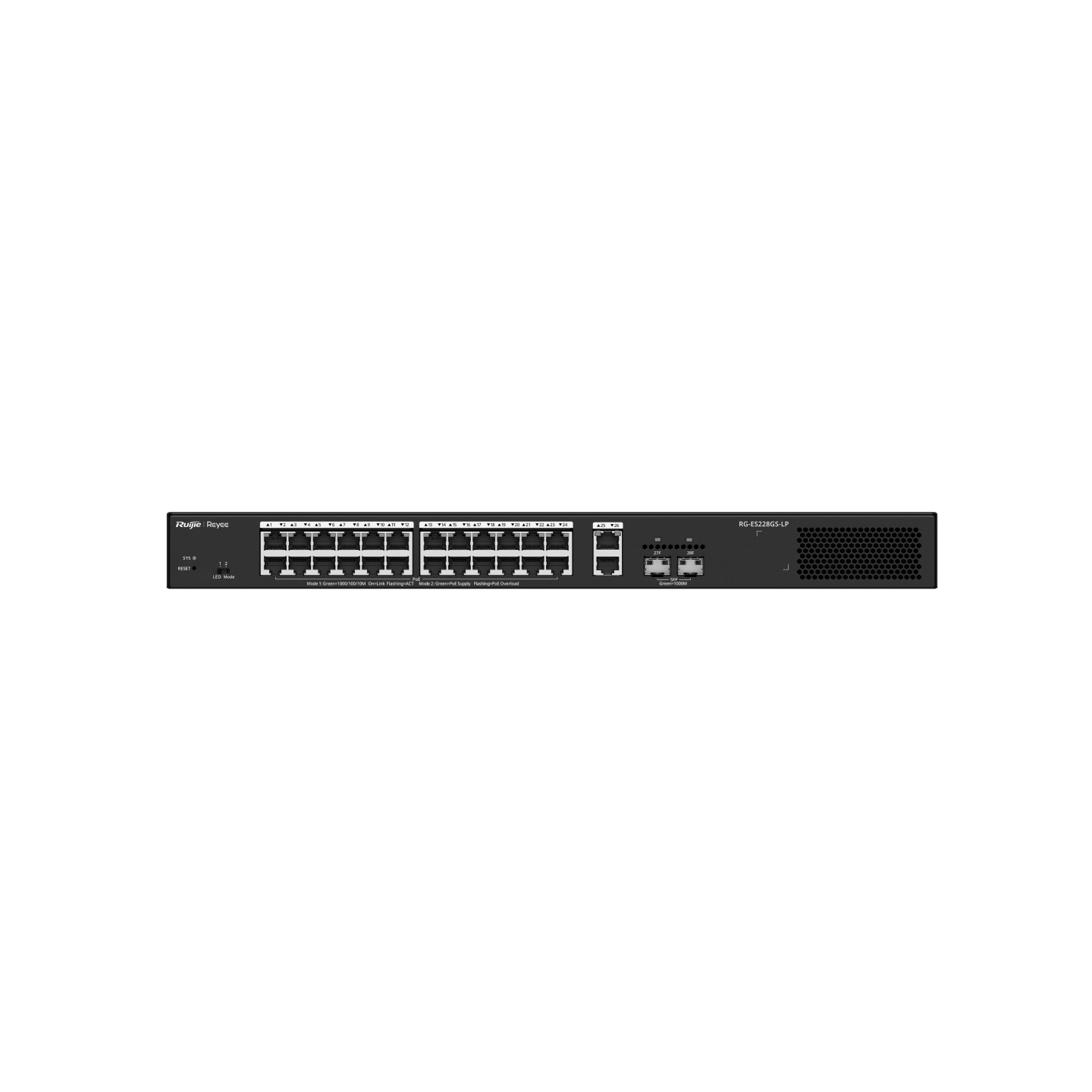 Ruijie-Reyee Layer 2 Smart Managed PoE Switch 28 Cổng 10/100/1000BASE-T công suất 370W RG-ES228GS-LP
(250W)