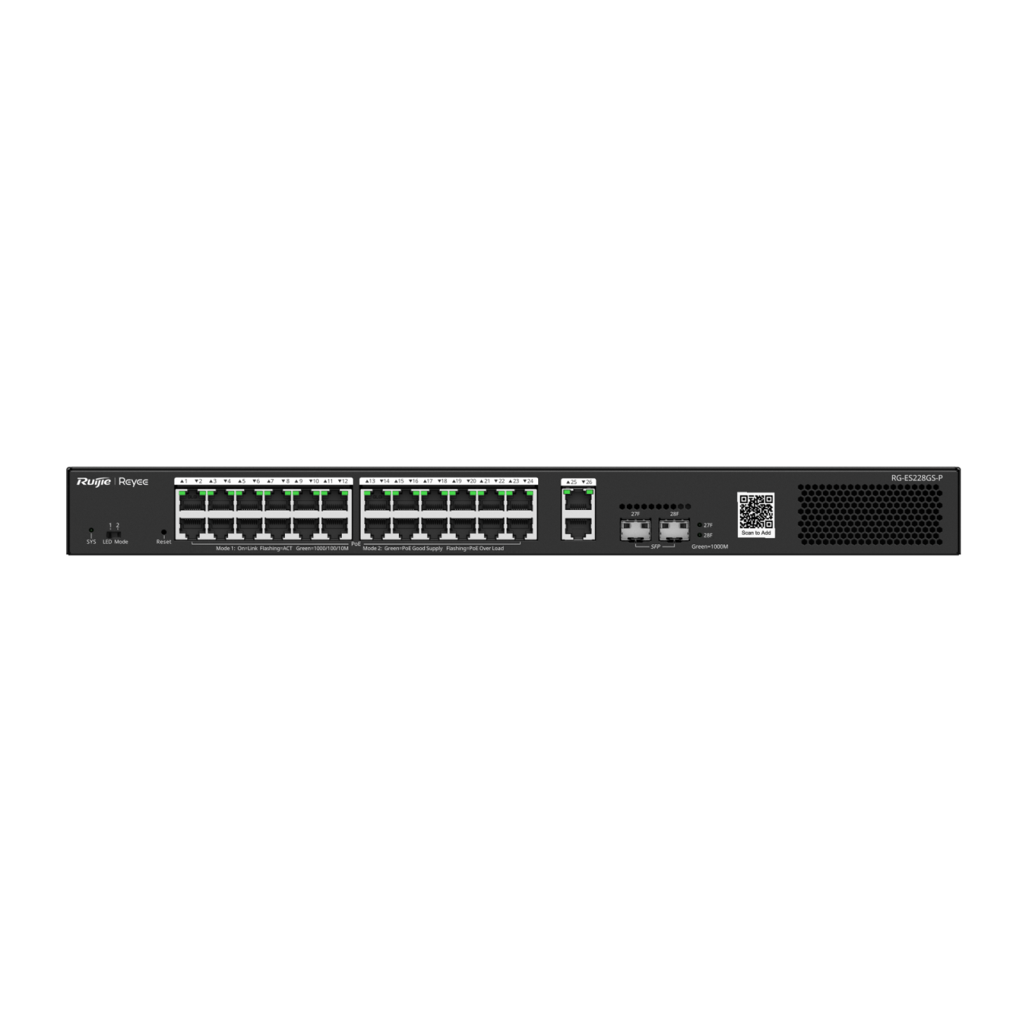 Layer 2 Smart Managed PoE Switch 28 Cổng 10/100/1000BASE-T công suất 370W RG-ES228GS-P
(370W) 2